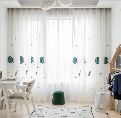 Cartoon Outer Space Rocket Embroidered Voile Curtain For Kids Bedroom Living Room Sheer Window Drapes Luxury Children Tulle 20D3