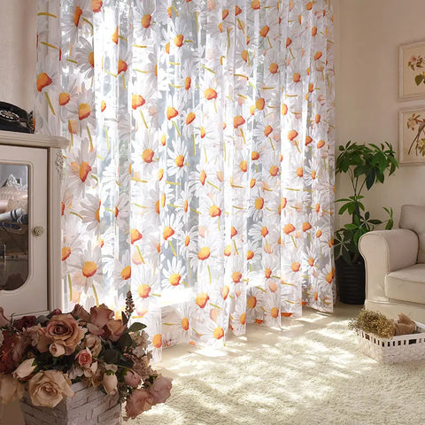 Sun Flower Tulle Curtains for Living Room Bedroom Kitchen Yellow Floral Voile Sheer Curtains for Window Treatment Drapes Blinds