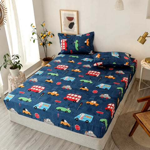Bonenjoy Sheet on Rubber Band Kids Bed Sheet Cartoon Cars Printed Fitted Sheet for Boy Single Fitted Bed Sheet with Pillowcase