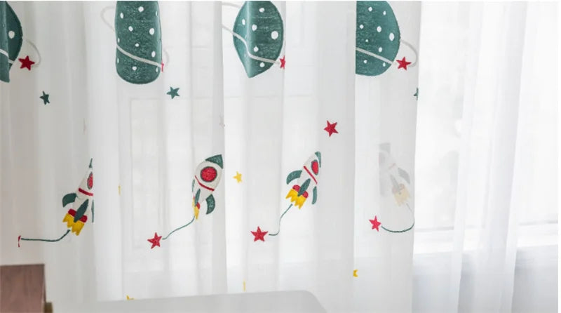 Cartoon Outer Space Rocket Embroidered Voile Curtain For Kids Bedroom Living Room Sheer Window Drapes Luxury Children Tulle 20D3