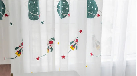 Cartoon Outer Space Rocket Embroidered Voile Curtain For Kids Bedroom Living Room Sheer Window Drapes Luxury Children Tulle 20D3