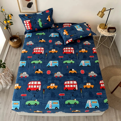 Bonenjoy Sheet on Rubber Band Kids Bed Sheet Cartoon Cars Printed Fitted Sheet for Boy Single Fitted Bed Sheet with Pillowcase