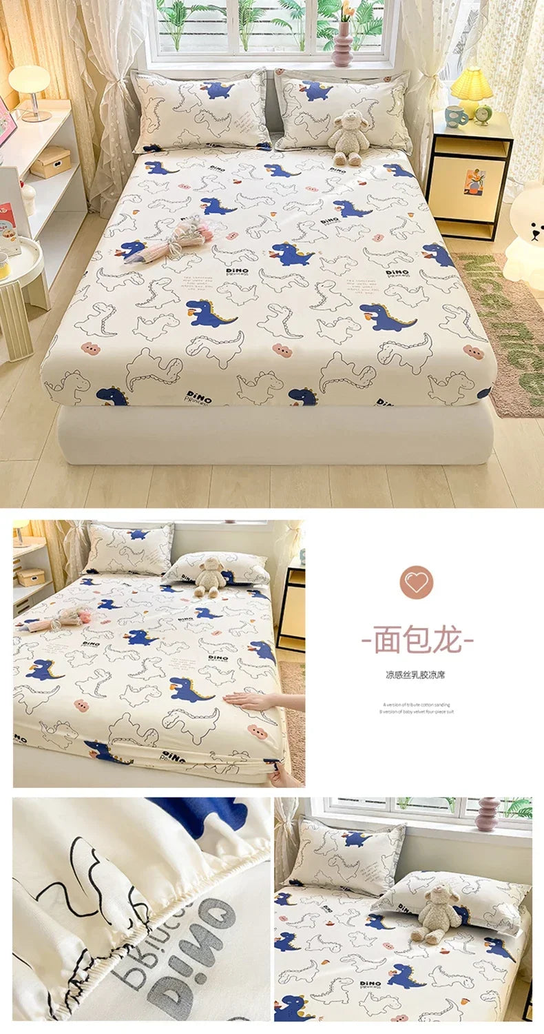 100%Cotton Bed Sheet on Elastic Cute Dinosaur Printed Mattress Cover for Kids Cartoon Pure Cotton Bed Linen (without pillowcase)