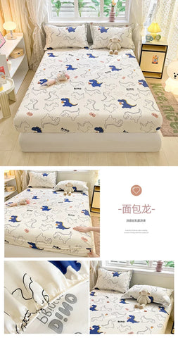 100%Cotton Bed Sheet on Elastic Cute Dinosaur Printed Mattress Cover for Kids Cartoon Pure Cotton Bed Linen (without pillowcase)