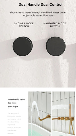 Luxury brass brushed gold wall mounted bathroom faucet with embedded dual handle hot and cold water 2 function bathtub mixer