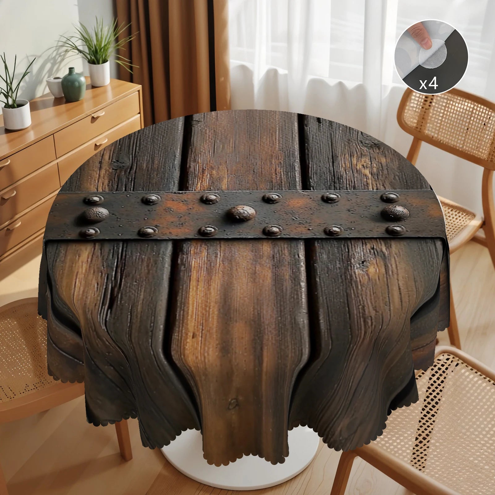 1pc Wood Grain Theme Polyester Tablecloth with Scalloped Edge, Suitable for Home Kitchen Decor, Room Decoration