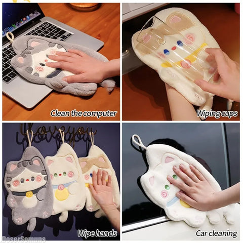 Cute Cat Hand Towel Double-thickness Hand Towel Quick-drying Absorbent Kitchen Cleaning Rag Bathroom Hanging Towels Home Supplie