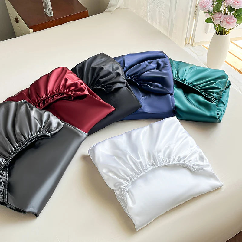 New Imitation Silk Satin Bed Sheet Set with Elastic Band Soft Silky Queen Fitted Sheet Mattress Cover King Size Bedsheet Sets