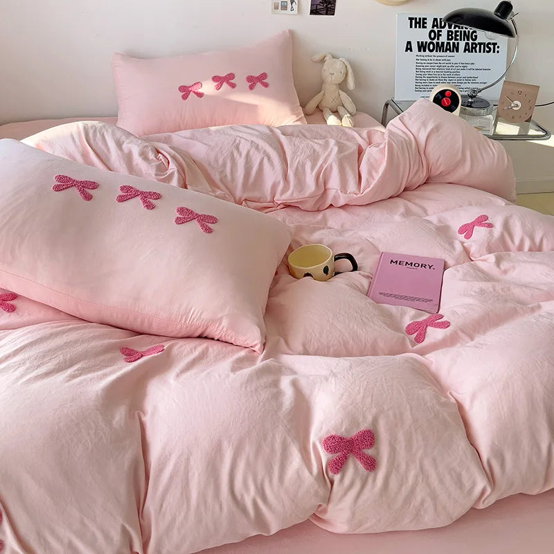 Cute Pink Bows Duvet Cover Set, 3D Embroidery Bedding Sets Pink Bed Set, Comfy Queen Comforter Covers Soft for Girls Kids Teens