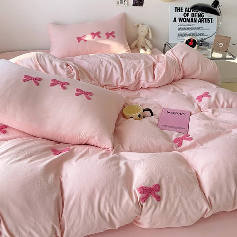 Cute Pink Bows Duvet Cover Set, 3D Embroidery Bedding Sets Pink Bed Set, Comfy Queen Comforter Covers Soft for Girls Kids Teens