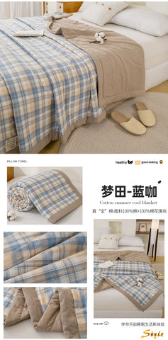 Japanese-style Plaid Summer Blanket 100% Cotton Skin Friendly Quilted Queen Quilt 220*240 Breathable King Size Duvet Comforter