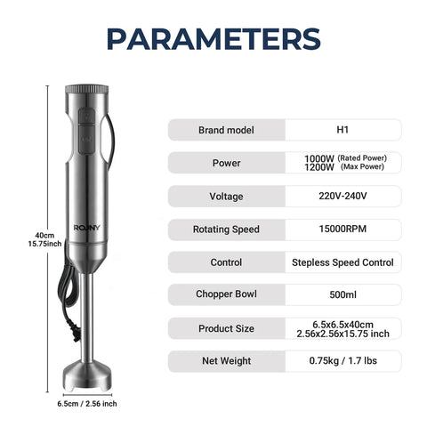 ROUNY 4-in-1 Hand Immersion Blender 1000W Powerful, Stainless Steel Stick Food Mixer,700ml Mixing Beaker,500ml Processor, Whisk