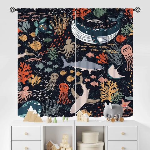 Kids Sea Animal Curtains Boys Girls Bedroom Nursery Decor Funny Turtle Whale Ocean Colorful Art Printed Blackout Window Drapes