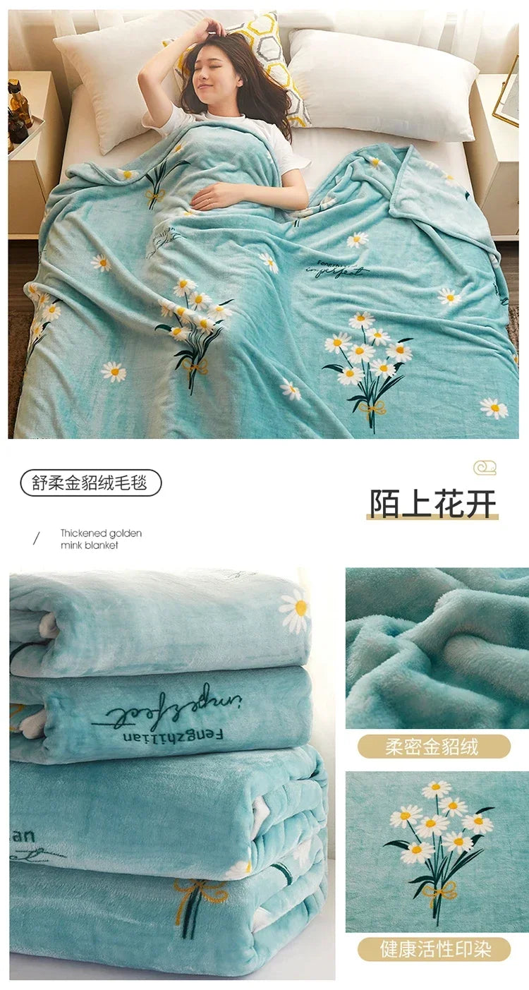 Thin Blanket for Summer Soft Coral Fleece Flannel Blanket for Beds Flower Printed Plaids for Bed Single/Queen/King Size Blanket