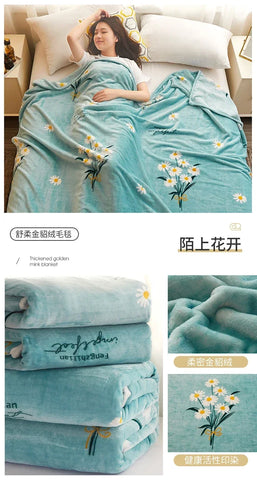 Thin Blanket for Summer Soft Coral Fleece Flannel Blanket for Beds Flower Printed Plaids for Bed Single/Queen/King Size Blanket
