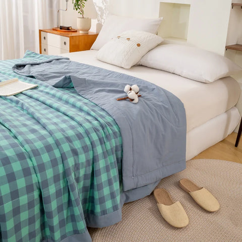 Japanese-style Plaid Summer Blanket 100% Cotton Skin Friendly Quilted Queen Quilt 220*240 Breathable King Size Duvet Comforter