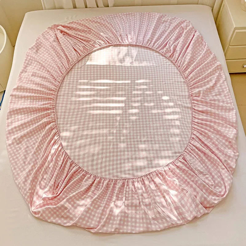 New Ultra-Thin Grid Pattern Fitted Sheet Set Washed Cotton Skin-Friendly Mattress Dust Cover Soft Breathable Household Mat