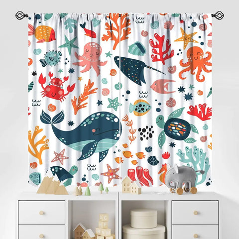Kids Sea Animal Curtains Boys Girls Bedroom Nursery Decor Funny Turtle Whale Ocean Colorful Art Printed Blackout Window Drapes
