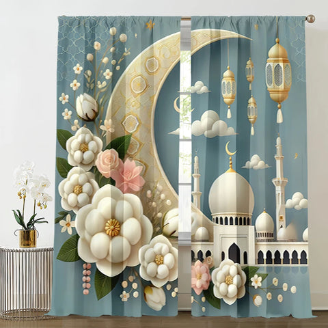 2PCS light blue golden moon curtains, fresh breeze, bedroom and living room, decorative curtains with drawbar pockets