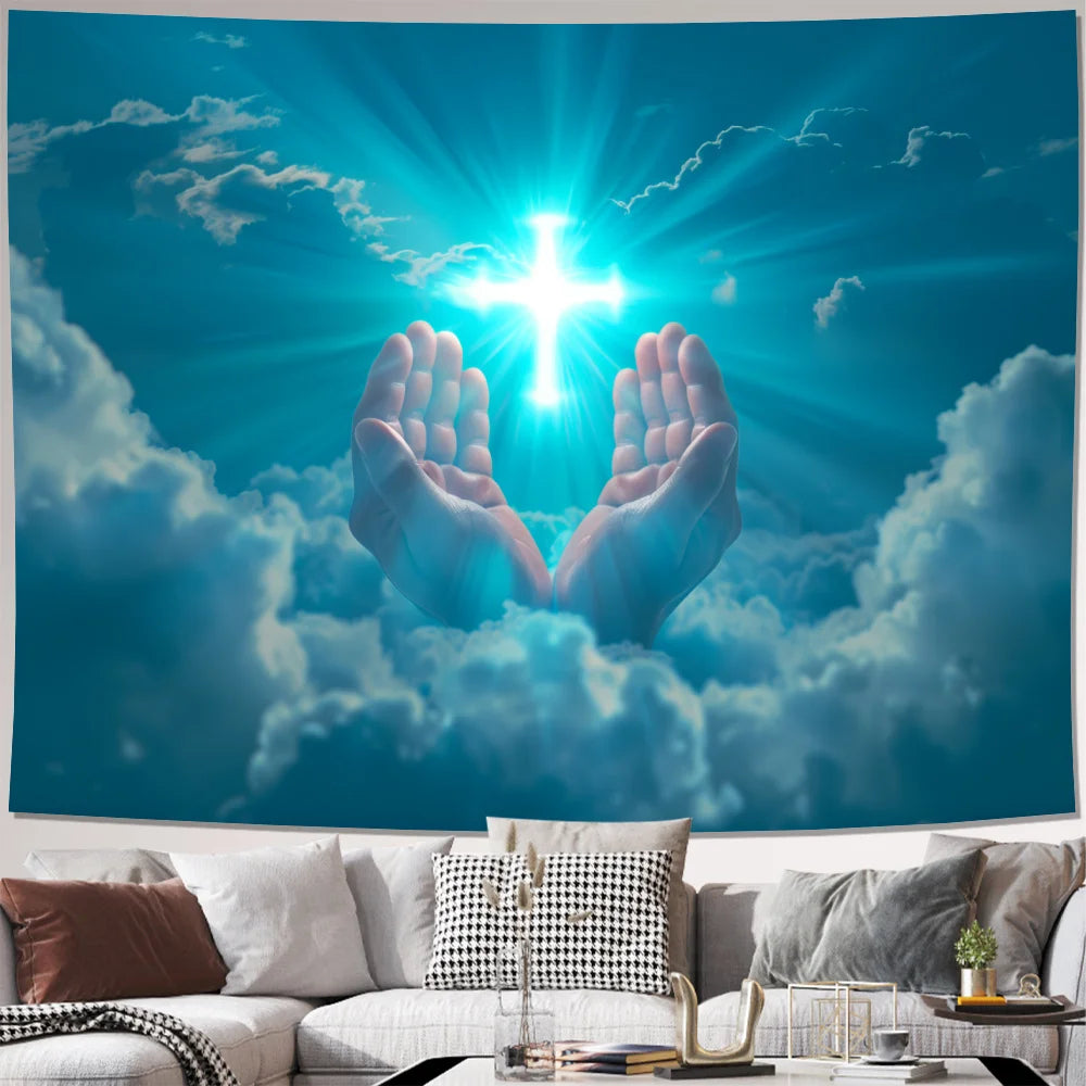Glowing Cross Background Praying Cloth Home Decorative Artwork for Living Room Bedroom Office Party Decoration Wall Tapestry