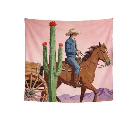 Western Cowboy Pastel Tapestry 2D Printed Desert Cactus & Horse Wall Hanging Retro Rodeo-Themed Home Decor Bedroom Kids Room