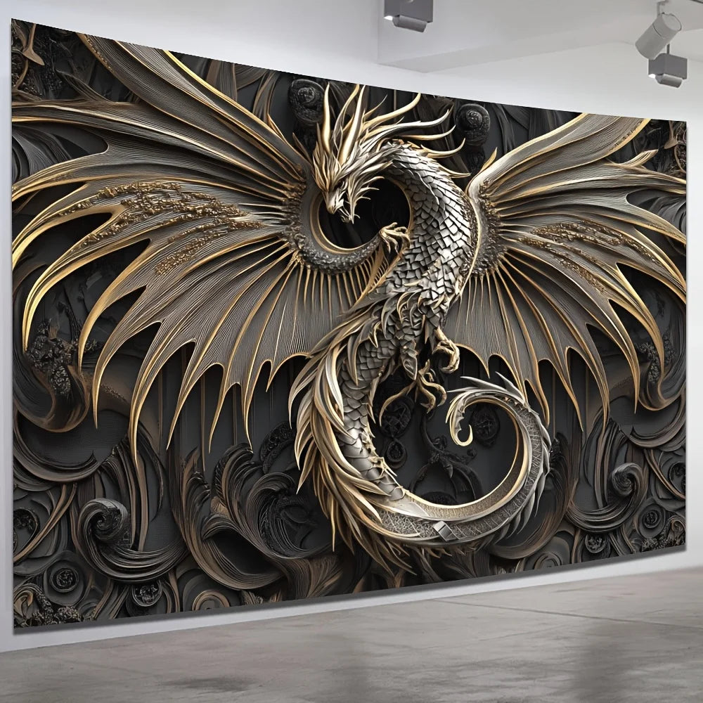 1pc Simple Black Dragon Tapestry, Polyester Fabric, Gold Decoration - Polyester Fabric, Suitable for Living Room, Bedroom