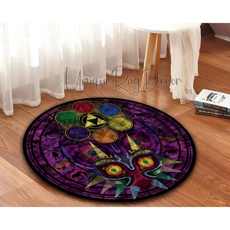 Zelda Symbol Round Rug Retro Style Game Room Carpet for Living Room Gaming Decor Zelda Majora’s Mask Rug Gift for Gamer