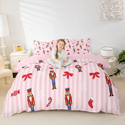 Homewish Girly Christmas Nutcracker Duvet Cover Set for Kids,Princess Cute Bowknot Bedding Set,Pink Abstract Stripes Bed Set