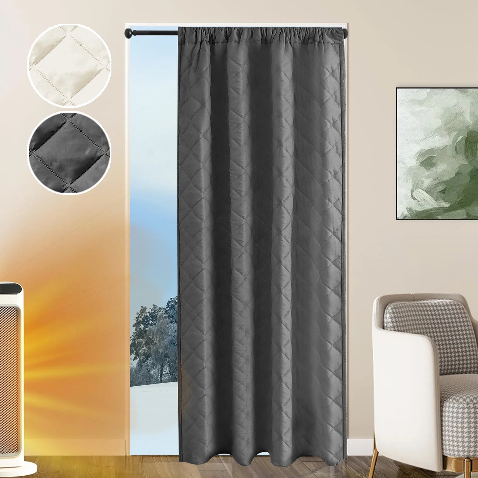Quilted Blackout Curtains Heavy Duty Noise Reducing Thermal Insulated Drapes Liner Anti-cold Rod Pocket for Living Room Bedroom