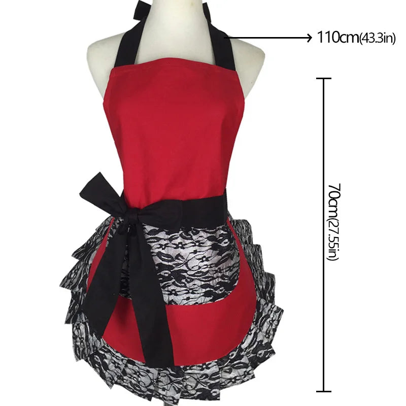 Black Red Lace Apron With Pocket Retro Sexy Pinup Aprons For Kitchen Cosplay Costume Cooking Oilproof Aprons for Women Girls