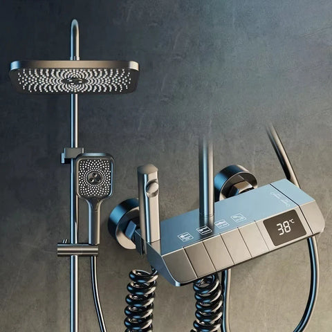 Gray Bathroom Shower Set Piano Key ABS Anti-Rust Shower System Set Wall-Mounted Bathtub Hot and Cold Water Bathroom Accessories