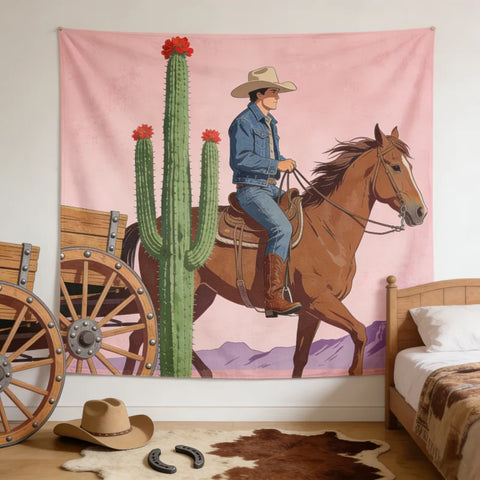 Western Cowboy Pastel Tapestry 2D Printed Desert Cactus & Horse Wall Hanging Retro Rodeo-Themed Home Decor Bedroom Kids Room