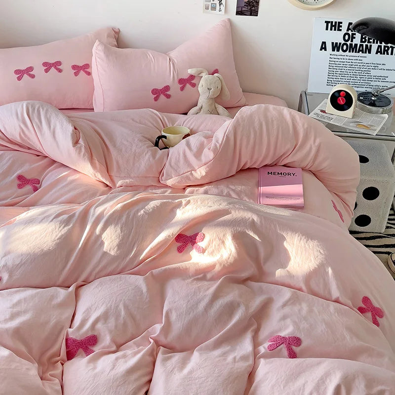 Cute Pink Bows Duvet Cover Set, 3D Embroidery Bedding Sets Pink Bed Set, Comfy Queen Comforter Covers Soft for Girls Kids Teens