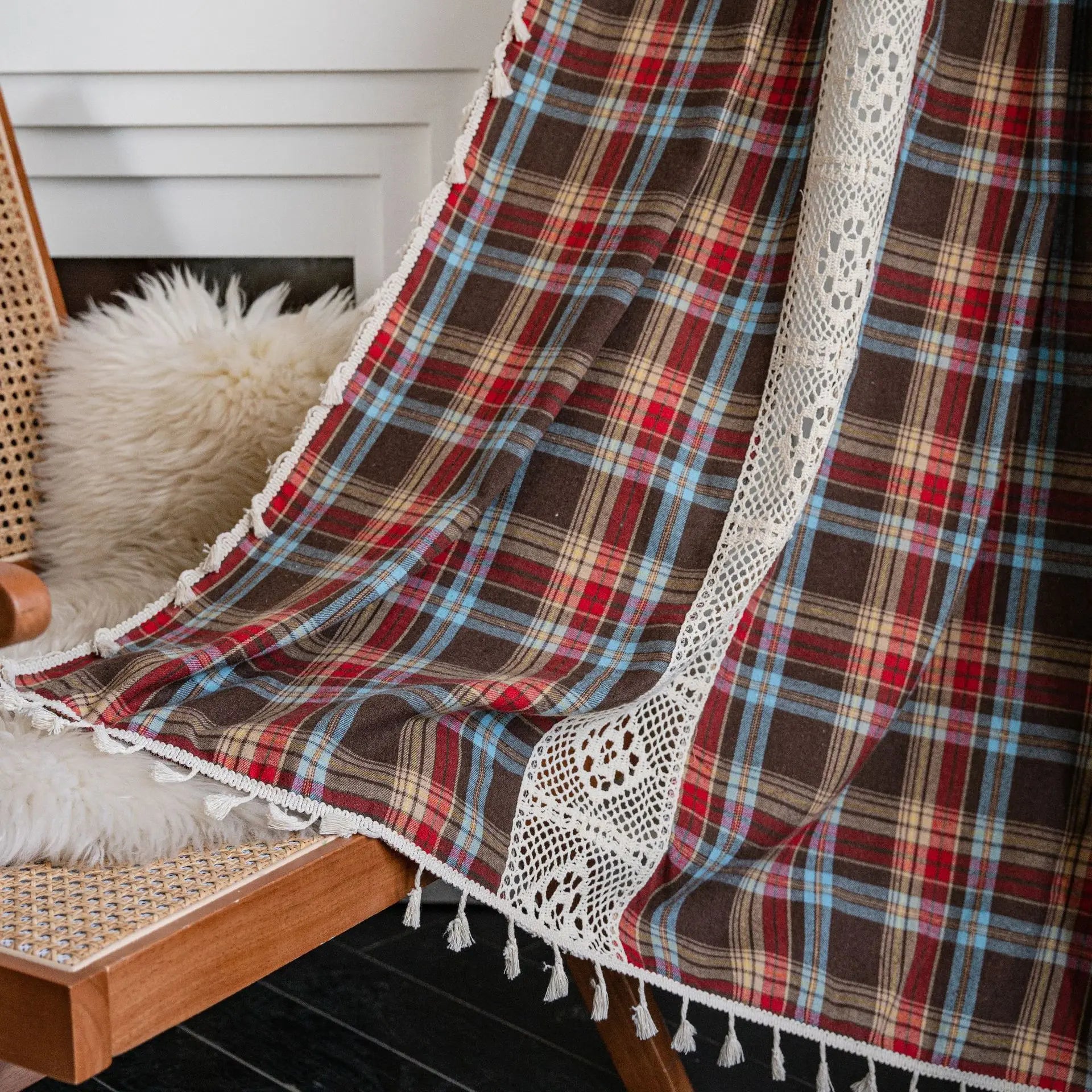 Curtain Green Grid Splicing Color Woven American Finished Kitchen Curtains Bay Window Curtains Semi Blackout Curtains