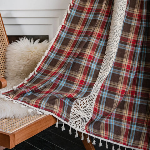Curtain Green Grid Splicing Color Woven American Finished Kitchen Curtains Bay Window Curtains Semi Blackout Curtains