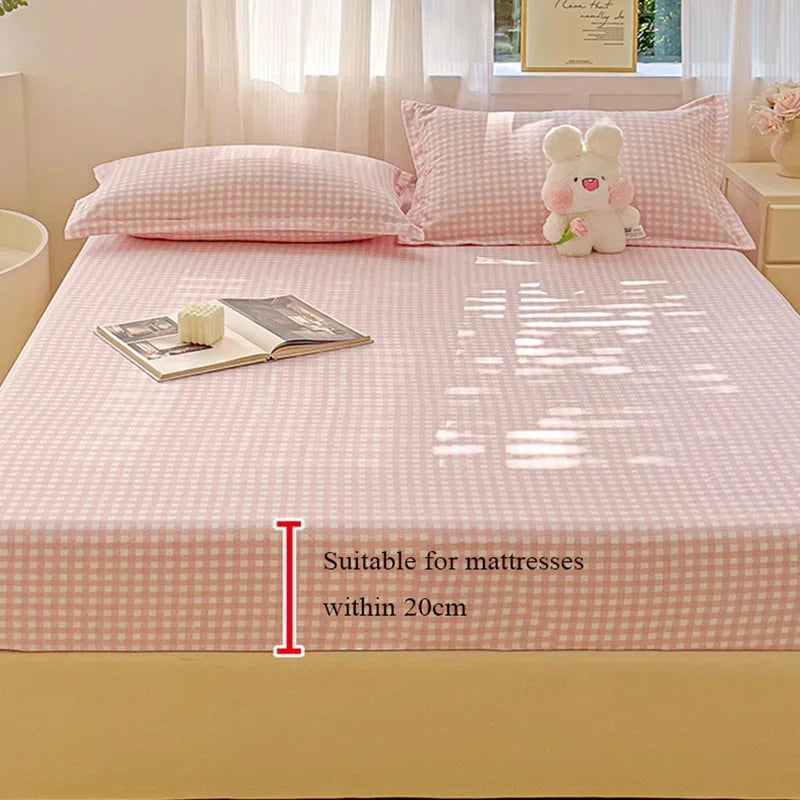 New Ultra-Thin Grid Pattern Fitted Sheet Set Washed Cotton Skin-Friendly Mattress Dust Cover Soft Breathable Household Mat