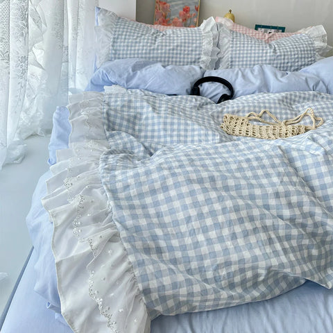 Korean Princess Style Lattice Double Layer Lace Bedding Set Soft Quilt Cover Plaid Style Duvet Covers Set Bed Sheet Pillowcases