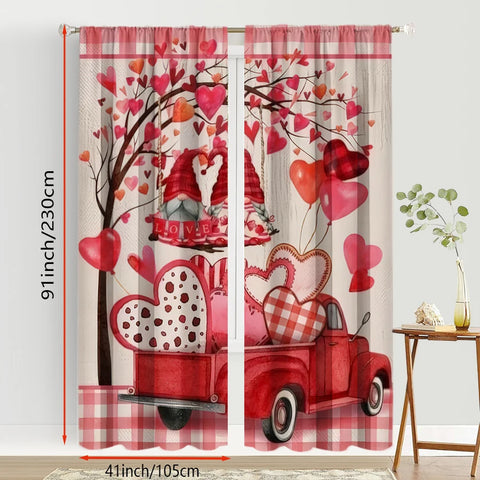 2PCS red and white checkered heart-shaped gnome curtains, sweet style, living room and bedroom, decorative with drawbar pockets