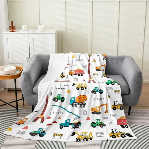 Yellow Construction Truck Blanket Cartoon Tractor Cars Flannel Throw Blankets for All Season Kids Boys Excavator Sofa Blanket