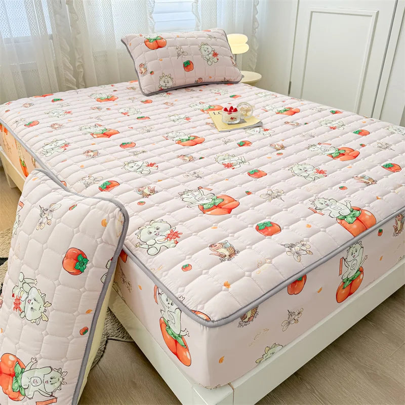 Adorable Quilted Washed Cotton Fitted Mattress Cover - Super Cute Girl's Design, Hypoallergenic