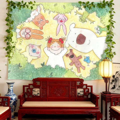 Cute Cartoon Kids Animal Wall Tapestry Forest Theme Flat Print Hanging Cloth Children Bedroom Nursery Decor Lightweight Polyeste