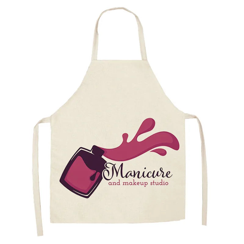 Linen Flower Nail Polish Theme Print Kitchen Aprons Unisex Dinner Party Cooking Bib Funny Pinafore Cleaning Apron