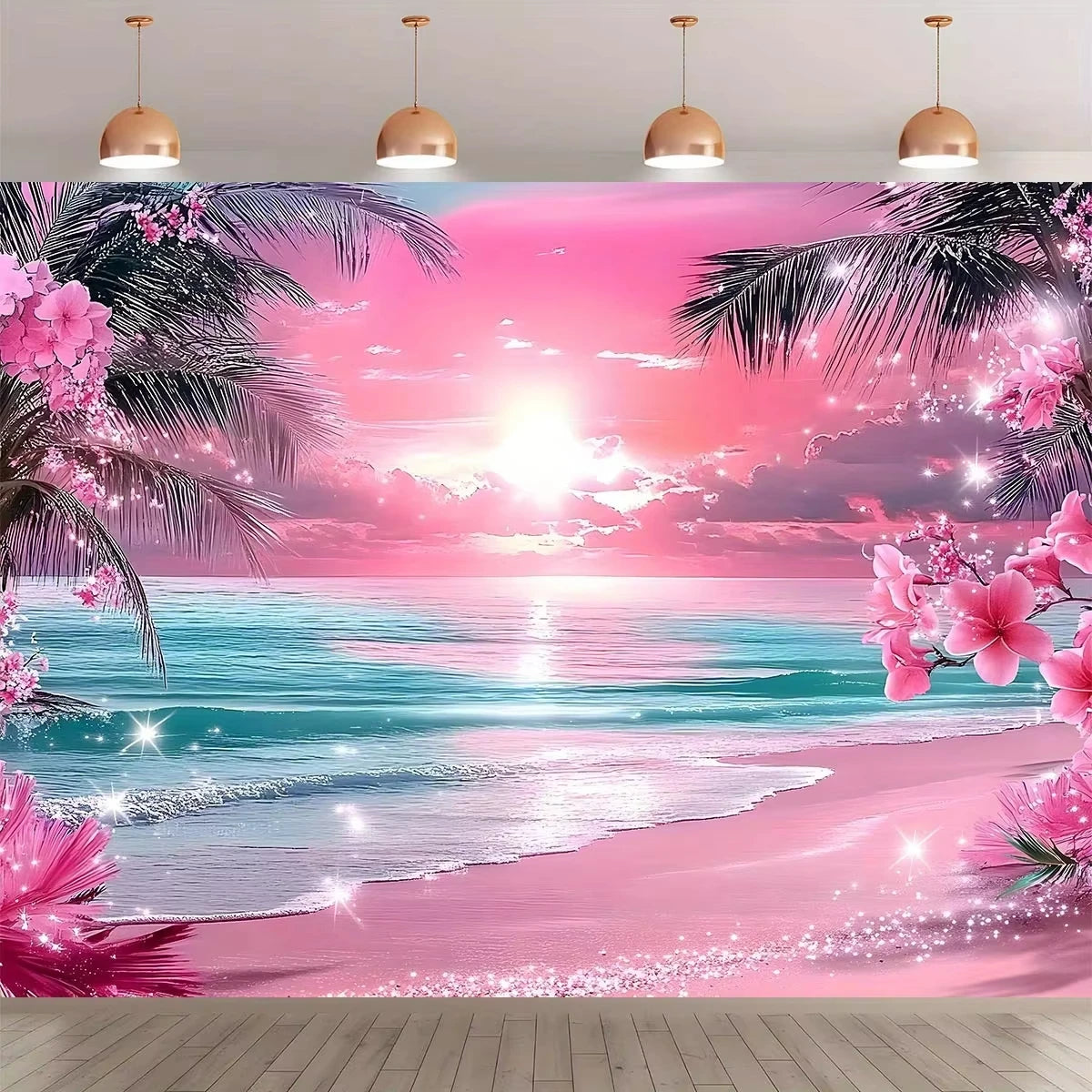 VIKAMA Summer Illusion Beach Tapestry Powder Sand Star Twinkle Neon Palm Wave Surge Living Room B&B Room Decoration