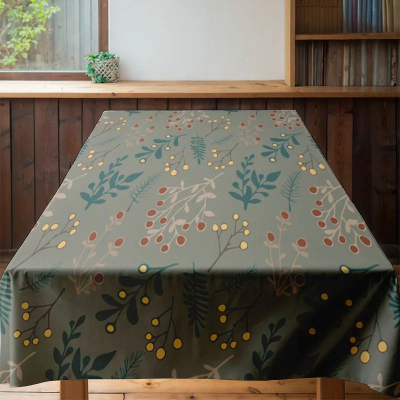 Elegant Floral Tablecloth, Green Yellow Leaves Print, Round Dining Cover 4 Seater Set for Kitchen Decoration Home Textiles on Al