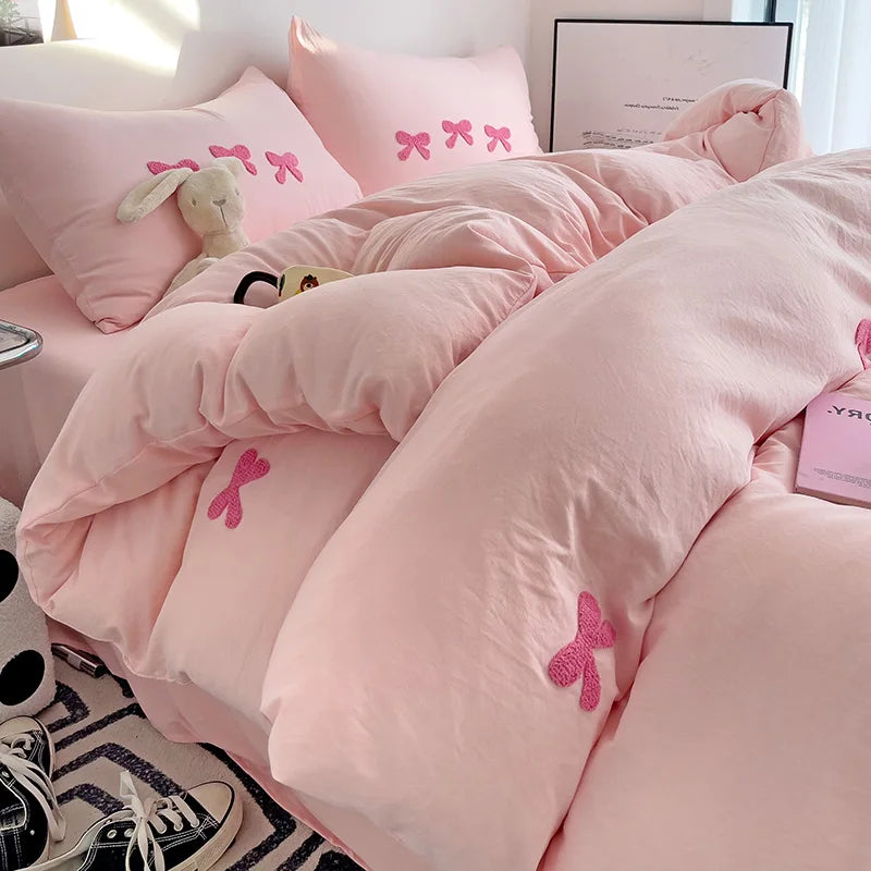 Cute Pink Bows Duvet Cover Set, 3D Embroidery Bedding Sets Pink Bed Set, Comfy Queen Comforter Covers Soft for Girls Kids Teens