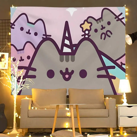 Cartoon P-PusheensS Cute Cat Tapestry Hanging Dormitory Room Bedspread Blanket Children's Room Party Home Decoration Gift
