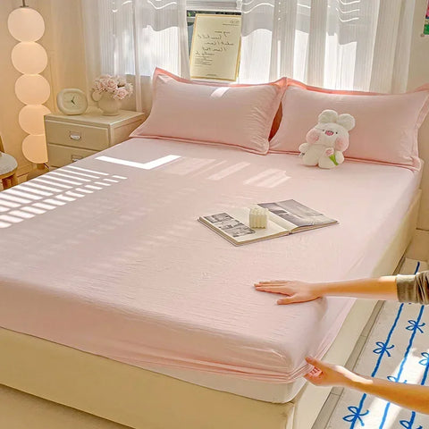 New Ultra-Thin Grid Pattern Fitted Sheet Set Washed Cotton Skin-Friendly Mattress Dust Cover Soft Breathable Household Mat