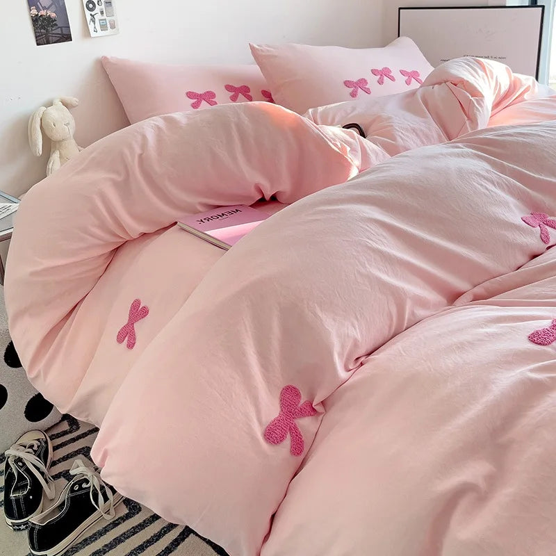 Cute Pink Bows Duvet Cover Set, 3D Embroidery Bedding Sets Pink Bed Set, Comfy Queen Comforter Covers Soft for Girls Kids Teens