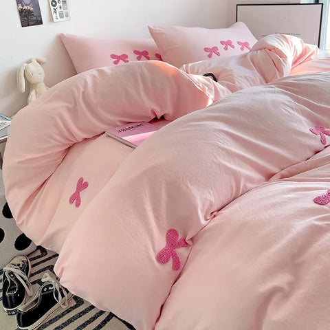 Cute Pink Bows Duvet Cover Set, 3D Embroidery Bedding Sets Pink Bed Set, Comfy Queen Comforter Covers Soft for Girls Kids Teens