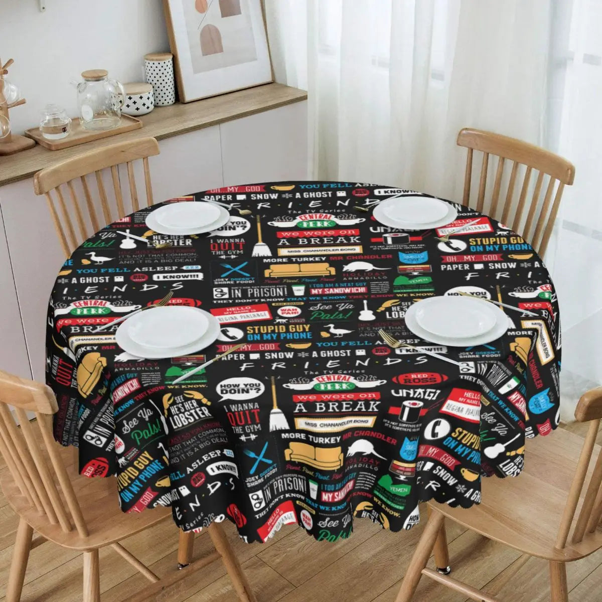 Customized I'll Be There For You Round Tablecloths 60 Inch Friends TV Show Table Covers for Kitchen Table Cloth